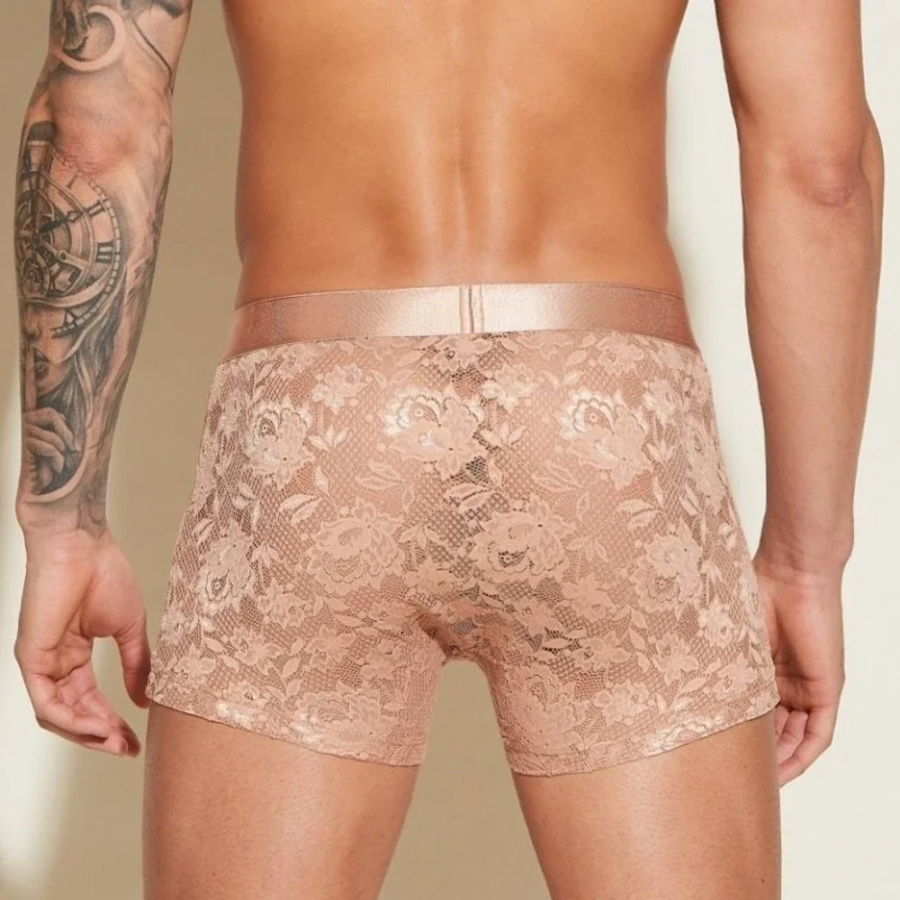 Cosabella Never Say Never Mens Lace Boxer Brief Nude Rose Tan Floral Underwear